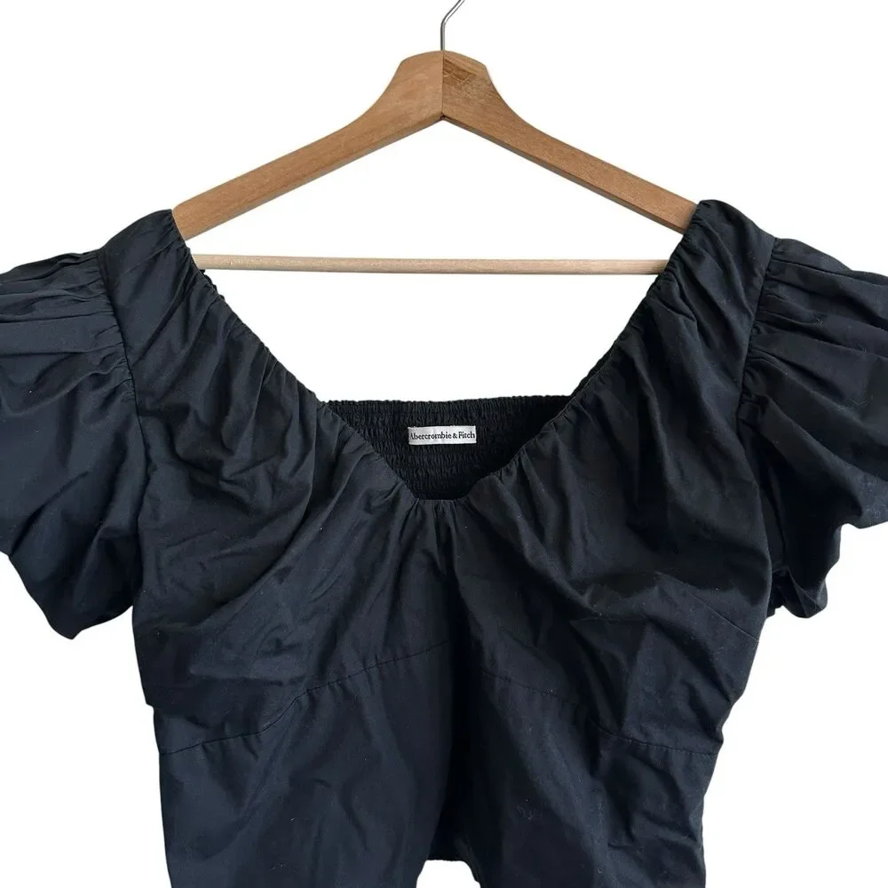 Abercrombie & Fitch Black Puff Sleeve Babydoll Top L Cropped Smocked Coquette